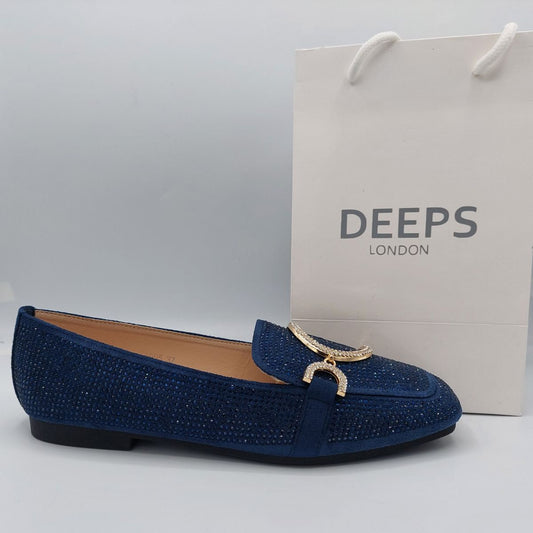 Front view of women's navy diamante glitter loafers with gold metal decor, a classic footwear choice for London.
