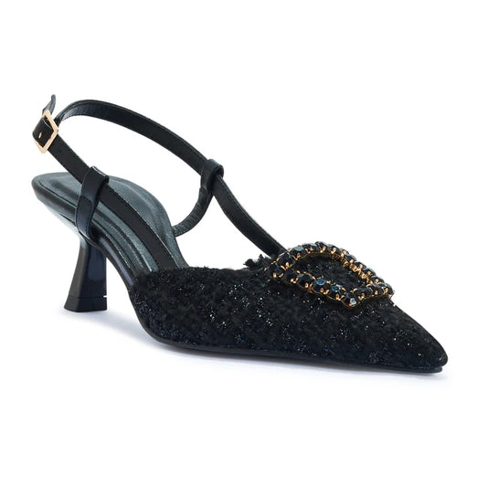 Front view of elegant black slingback court heels with pointed toe and diamante detailing, perfect for a sophisticated London event.
