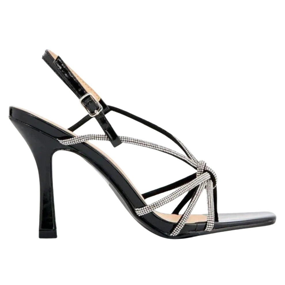 Side profile of women's diamante strap stiletto heel sandals in black, showcasing the stiletto heel and diamante strap detailing for London fashion.
