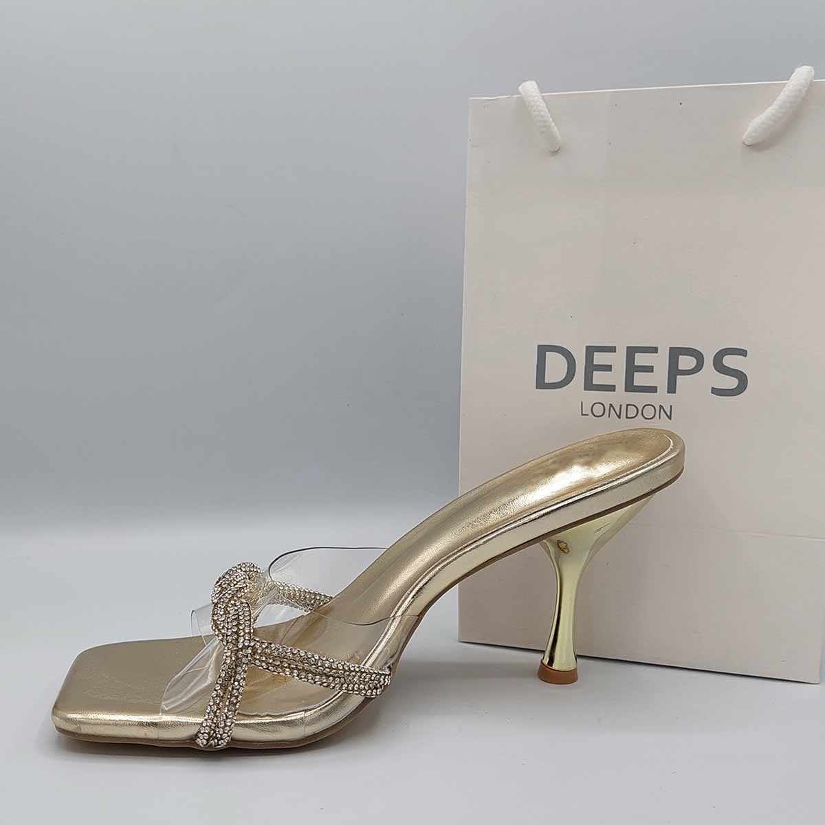 Close-up of the intricate diamante strap design on women's mule sandals in gold, highlighting their luxurious features from DeepsLondon.