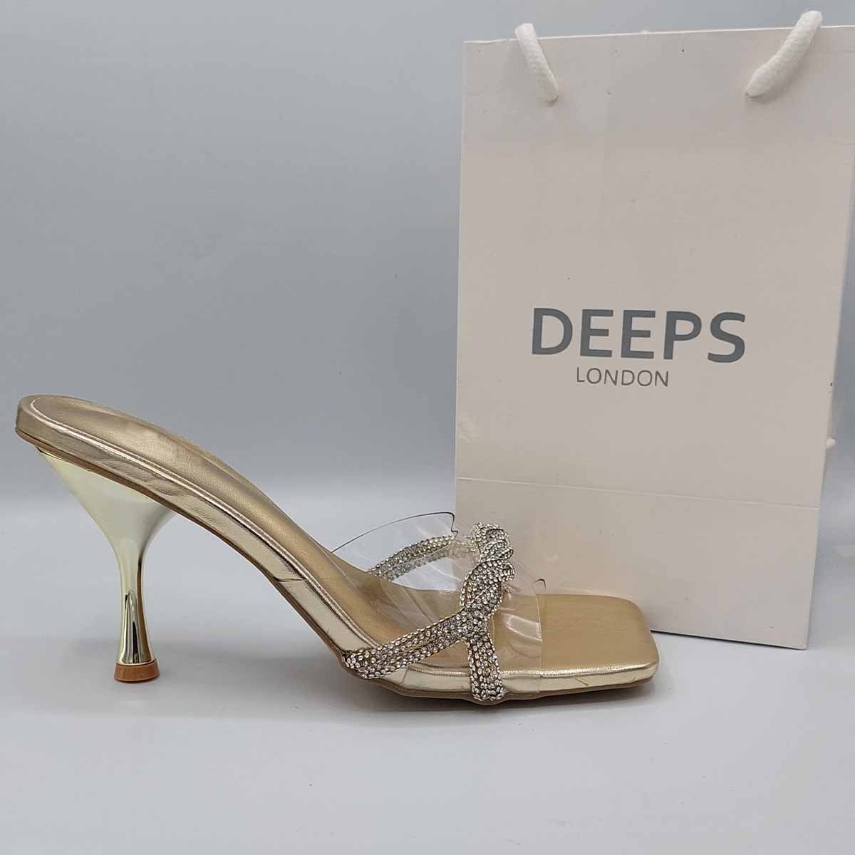 Front view of women's diamante strappy mule sandals in gold, glamorous occasion heels perfect for London events from DeepsLondon.