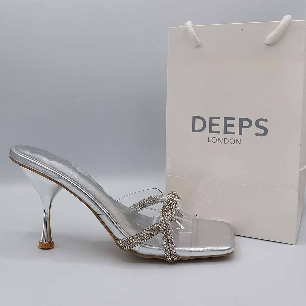 Close-up of the intricate diamante strap design on women's mule sandals in silver, highlighting their luxurious features from DeepsLondon.