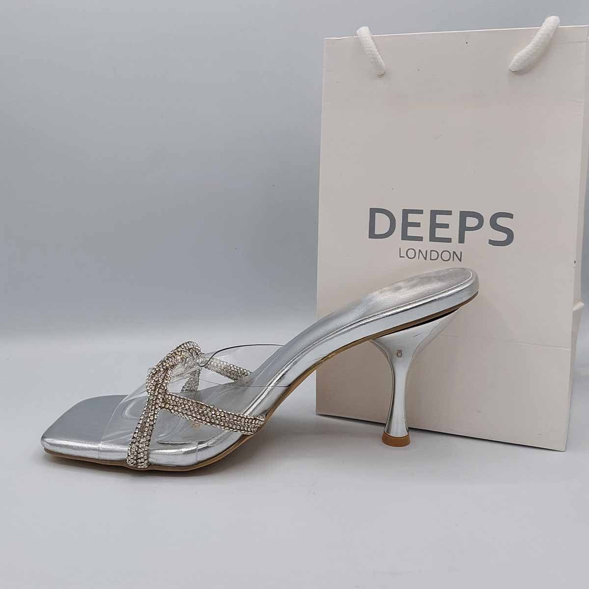 Front view of women's diamante strappy mule sandals in silver, glamorous occasion heels perfect for London events from DeepsLondon
