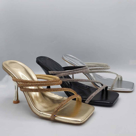Front view of women's diamante strappy square toe mule sandals in gold, silver and black glamorous occasion heels with a modern square toe, perfect for London events from DeepsLondon.