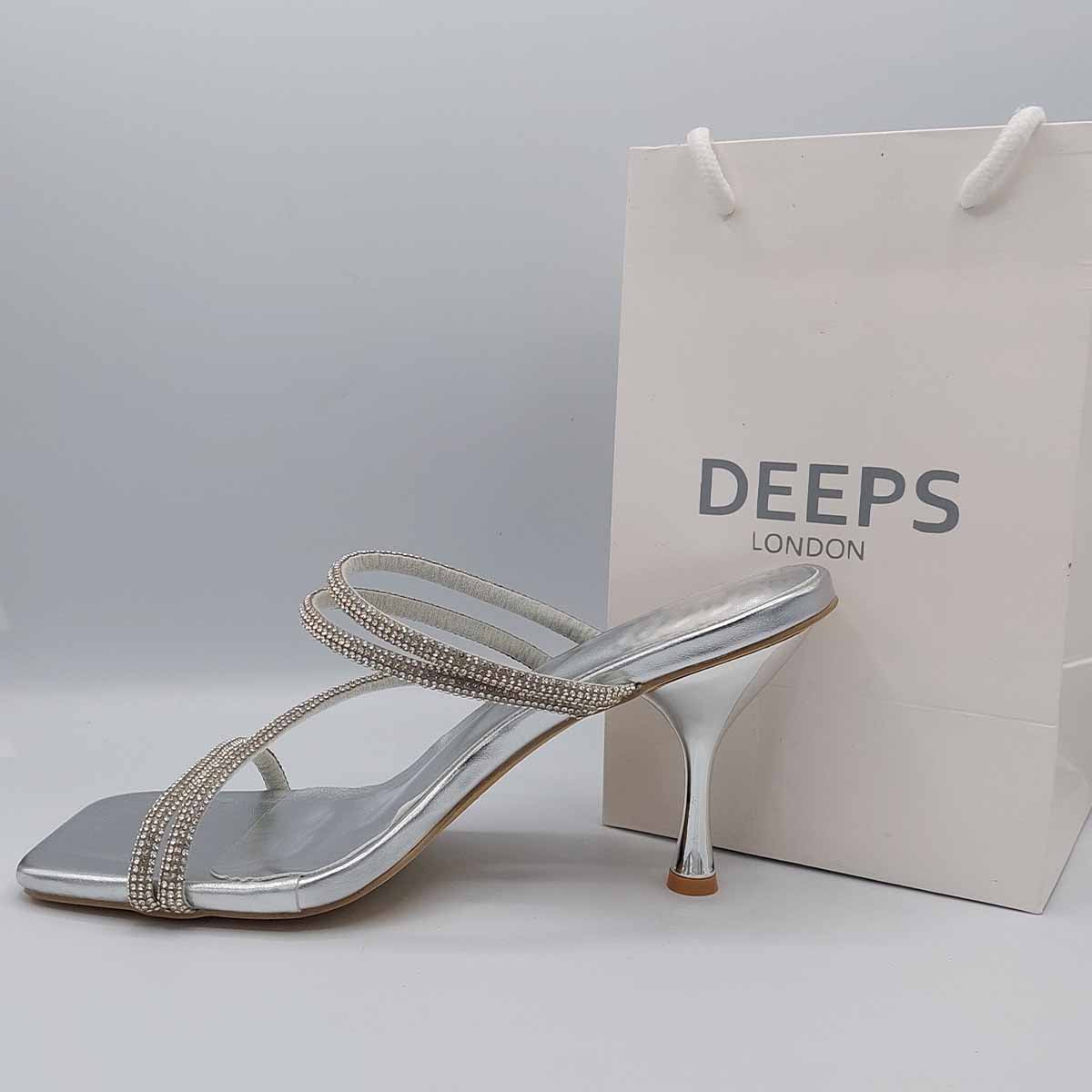 Close-up of the intricate diamante strap design and square toe on women's mule sandals in silver, highlighting their luxurious and modern features from DeepsLondon.