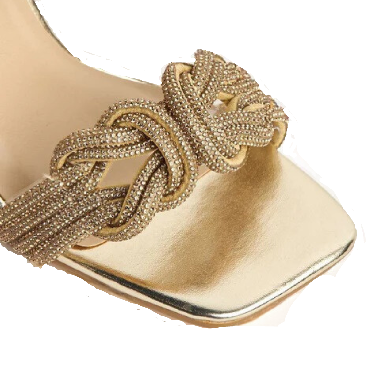 Close-up of the diamante embellishments on the toe strap of women's heeled sandals in gold, highlighting their elegant features from DeepsLondon.
