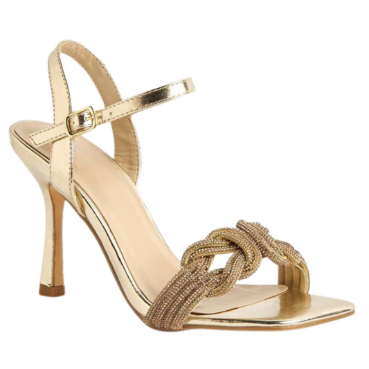 Front view of women's diamante toe heeled sandals in gold, a glamorous choice for London occasions.