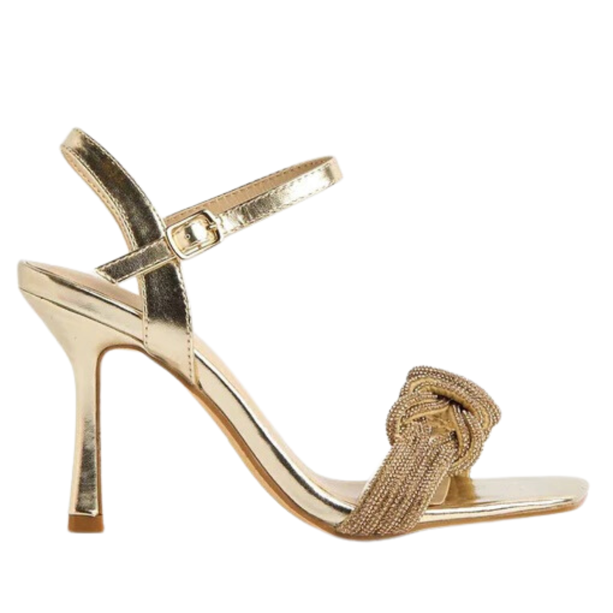 Side profile of women's diamante toe heeled sandals in gold, showcasing the heel and diamante toe strap detailing for London fashion.
