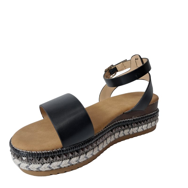 Front view of women's espadrille flatform sandals in black, stylish summer wedges from DeepsLondon in London.