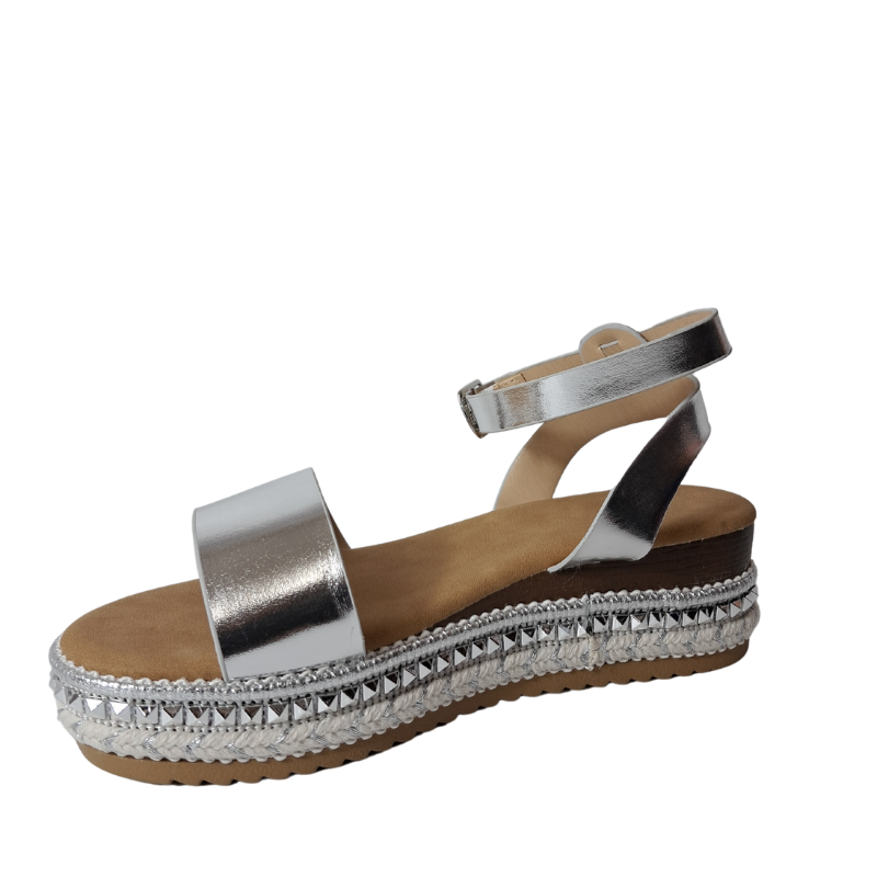Front view of women's espadrille flatform sandals in silver, stylish summer wedges from DeepsLondon in London.