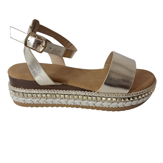 Other Side view of women's espadrille flatform sandals in gold showcasing the wedge and strap details, stylish summer footwear from DeepsLondon in London.