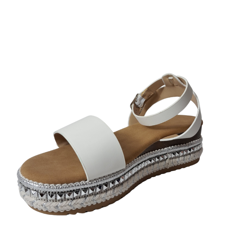 Front view of women's espadrille flatform sandals in white, stylish summer wedges from DeepsLondon in London.