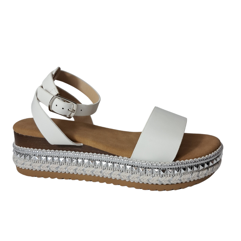 Side view of women's espadrille flatform sandals in white showcasing the wedge and strap details, stylish summer footwear from DeepsLondon in London.