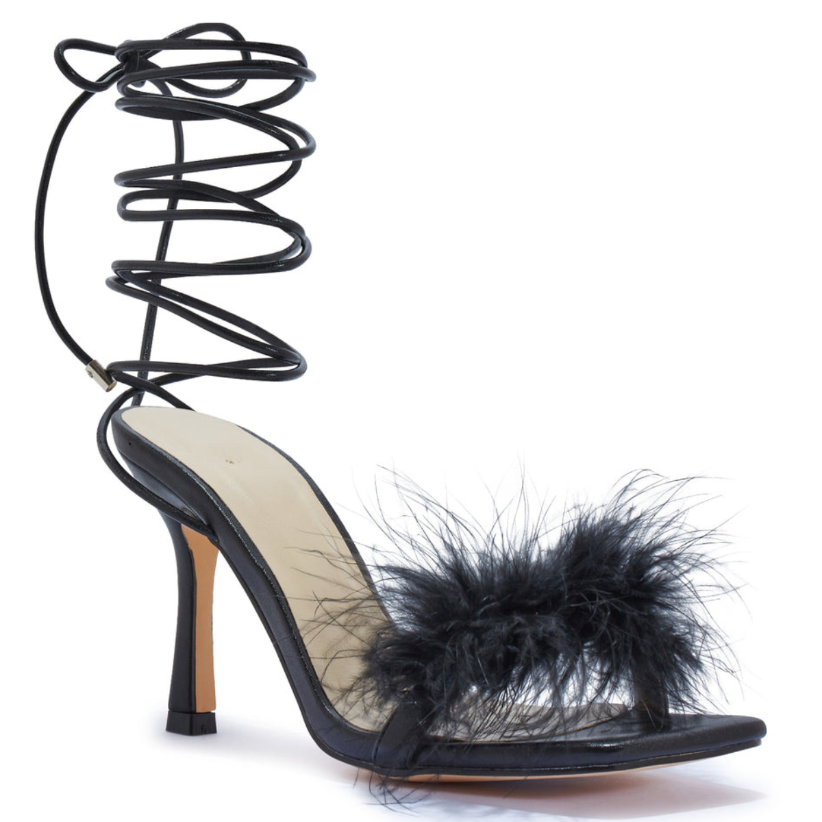 Front view of women's faux fur feather wrap around heel sandals in black, a glamorous and unique choice for London occasions.