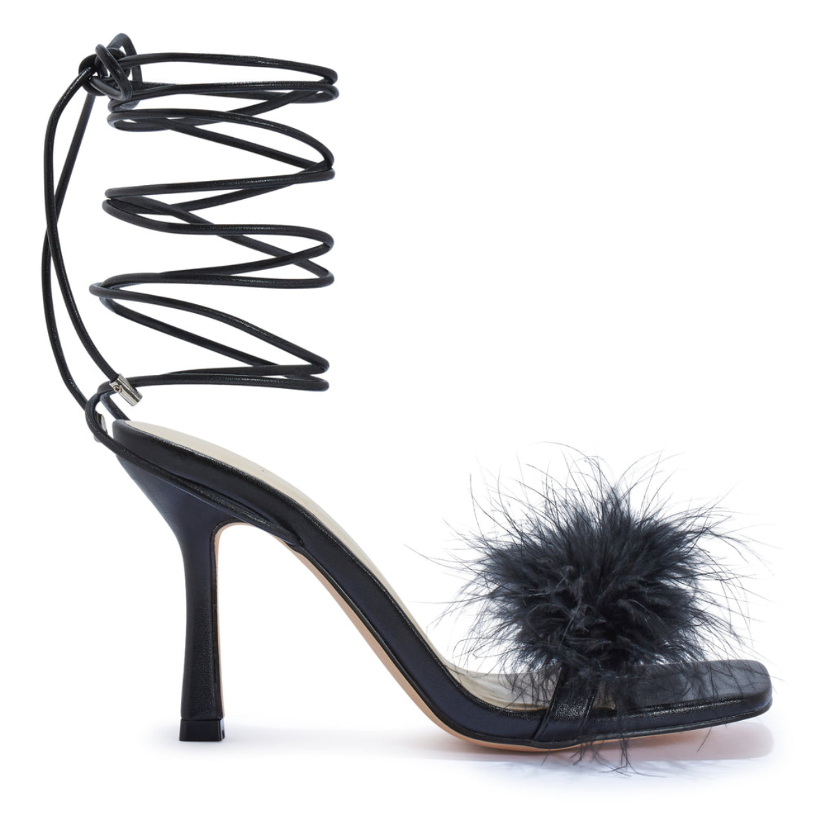 Side profile of women's faux fur feather wrap around heel sandals in black, showcasing the heel and wrap-around detailing for London fashion.