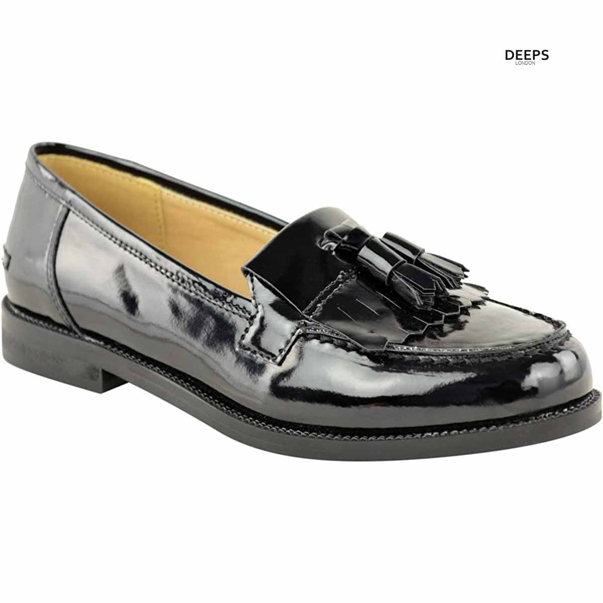 Side profile of classic black Patent fringe tassel loafers for women, showing the slip-on style, perfect for everyday wear in London.