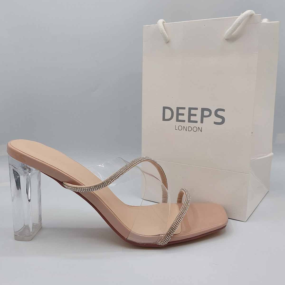 Front view of Izza diamante clear perspex block heel mules in beige, stylish women's occasion sandals in London from DeepsLondon.