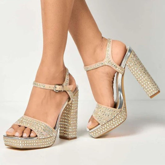 Close-up of the jewl embellishments on women's block heel platform sandal in nude, highlighting their elegant features from DeepsLondon.