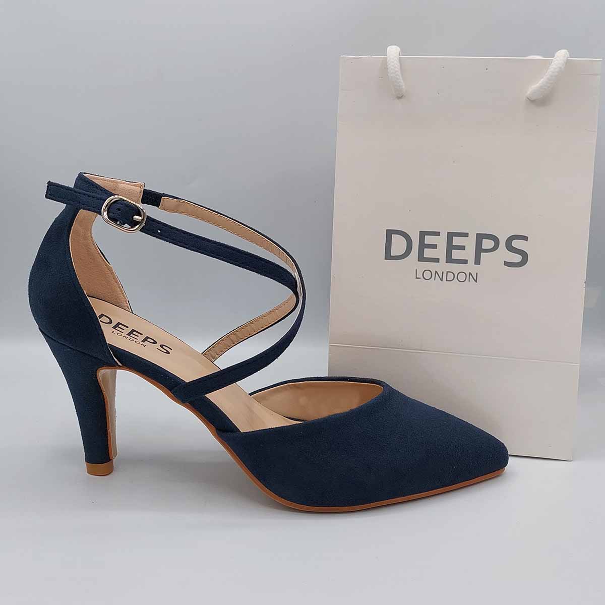 Front view of women's low knitted heel strappy court shoes in navy, elegant party and bridal wear for London from DeepsLondon.
