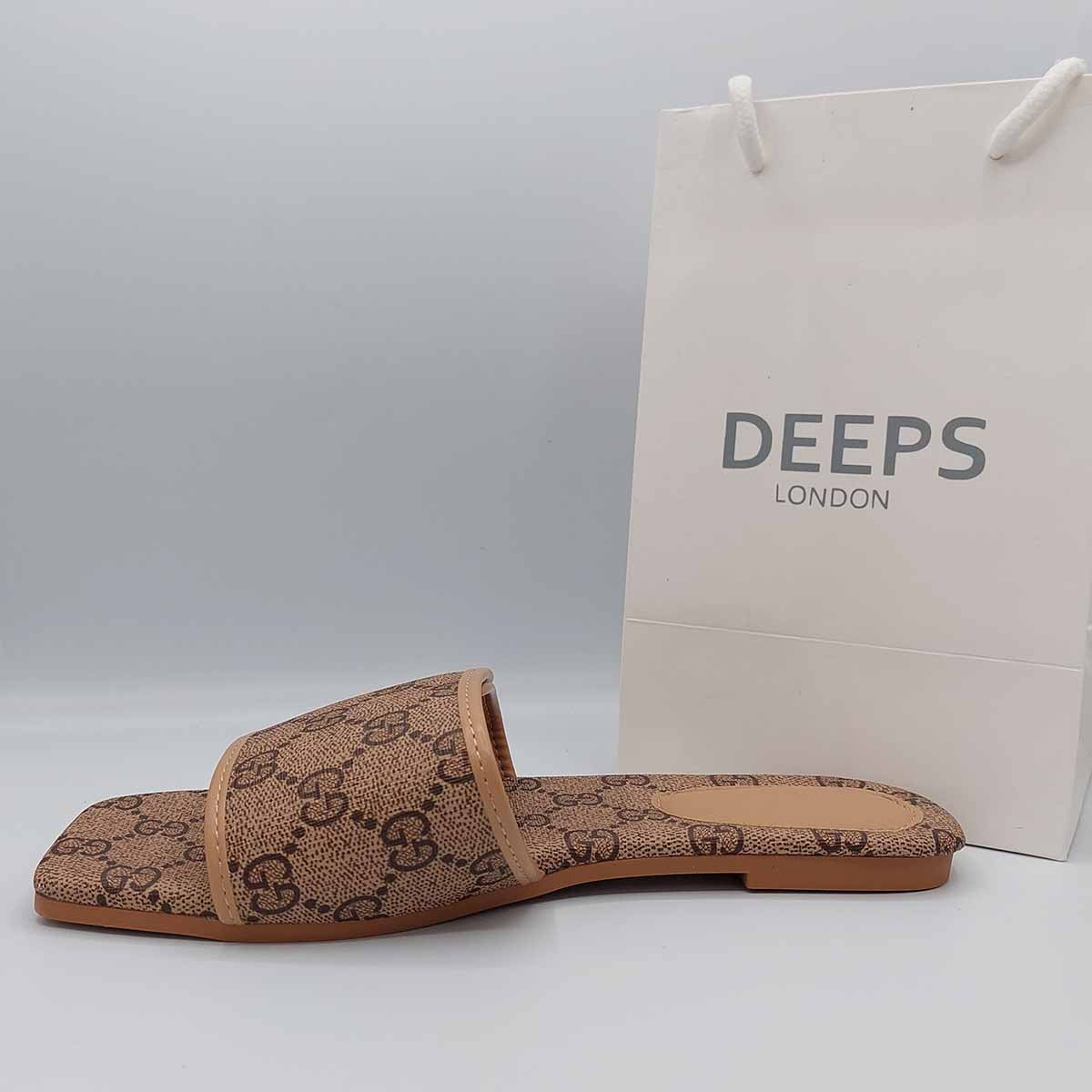 Close-up of the brown print pattern on women's open toe flat slider sandals, highlighting their casual design for London style.