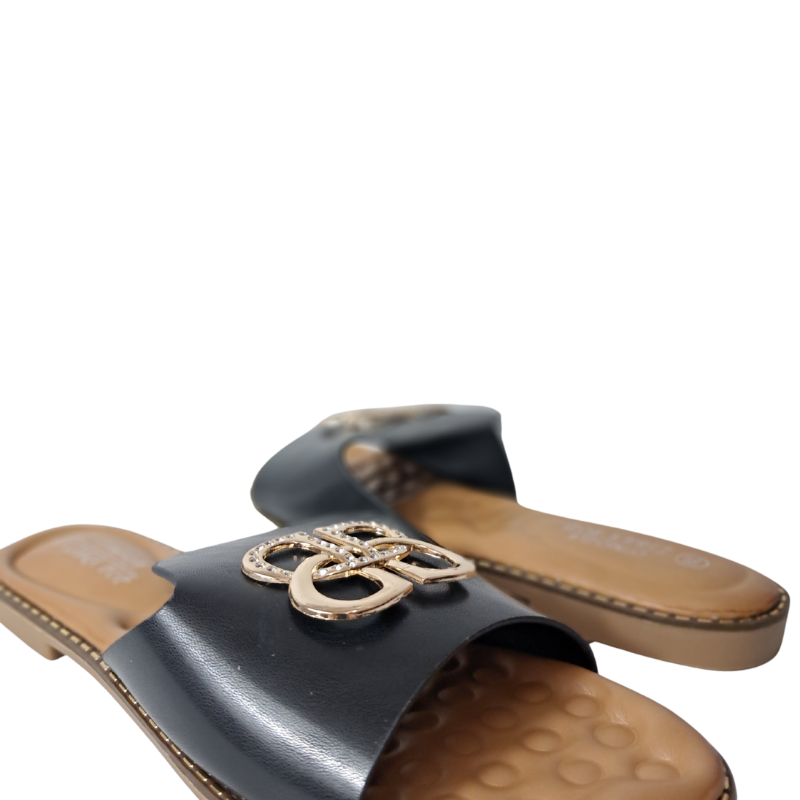 Close-up of the open toe and flat design on women's slip-on sandal in black, highlighting their comfortable and casual features from DeepsLondon.