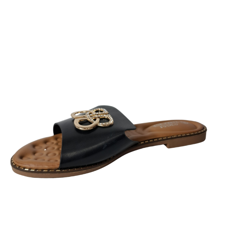 Front view of women's open toe slip-on flat sandal in black, a comfortable and casual choice for London life from DeepsLondon.