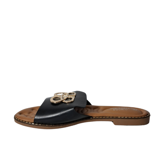 Right side profile of women's open toe slip-on flat sandal in black, showcasing the flat design and easy slip-on style for London fashion.