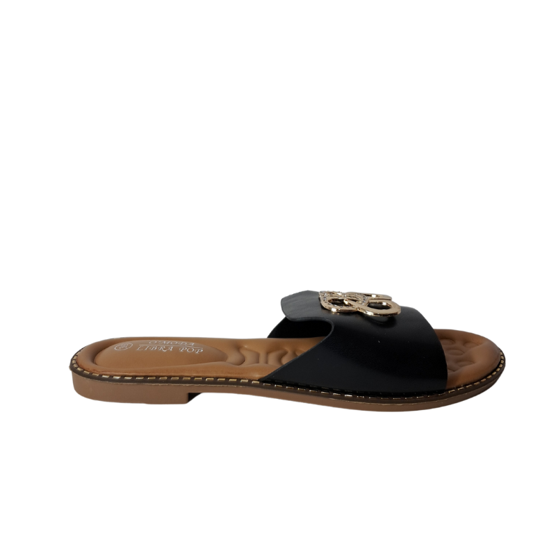 Side profile of women's open toe slip-on flat sandal in black, showcasing the flat design and easy slip-on style for London fashion.
