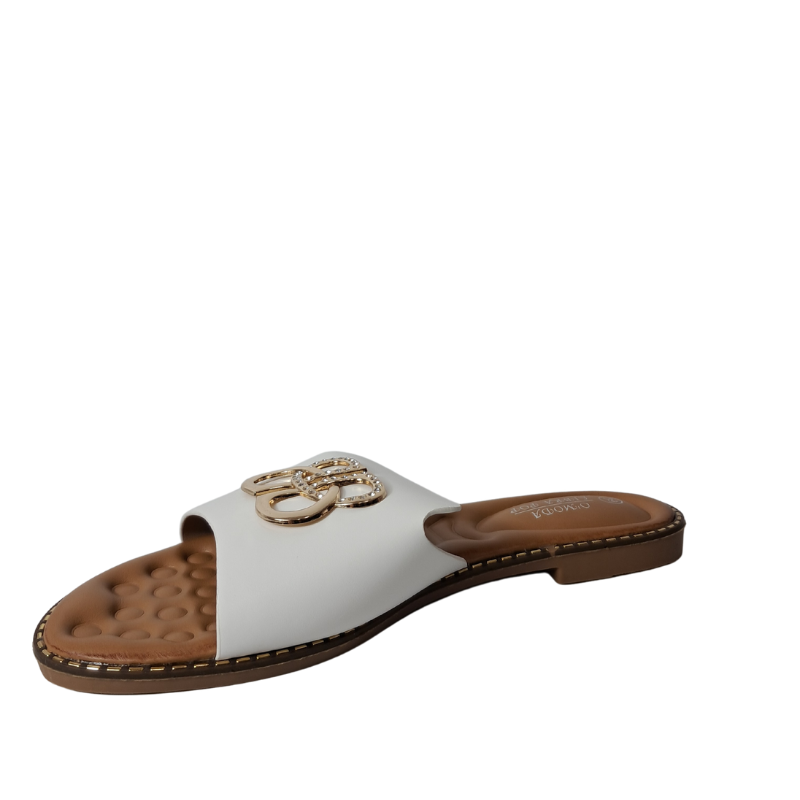 Front view of women's open toe slip-on flat sandal in white, a comfortable and casual choice for London life from DeepsLondon.