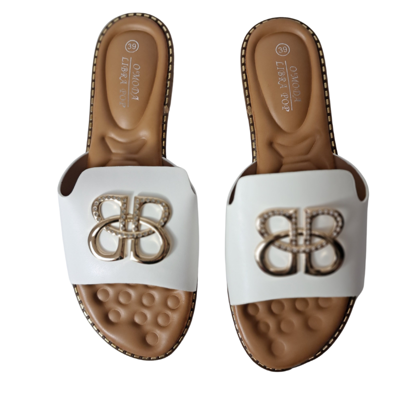 Woman's foot wearing stylish open toe slip-on flat sandal in white, a comfortable and fashionable choice for London days from DeepsLondon.