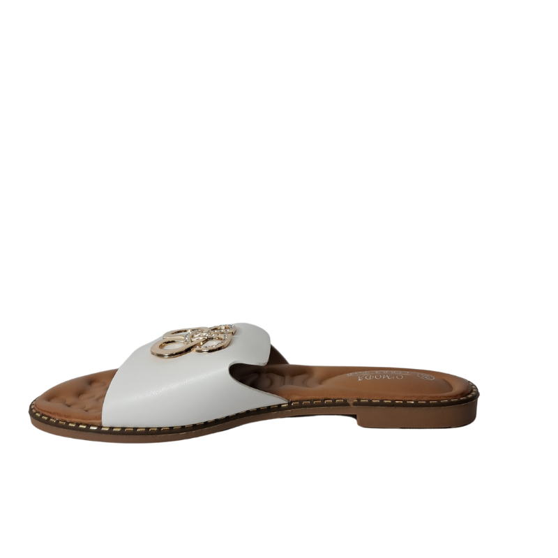 Right Side profile of women's open toe slip-on flat sandal in white, showcasing the flat design and easy slip-on style for London fashion.