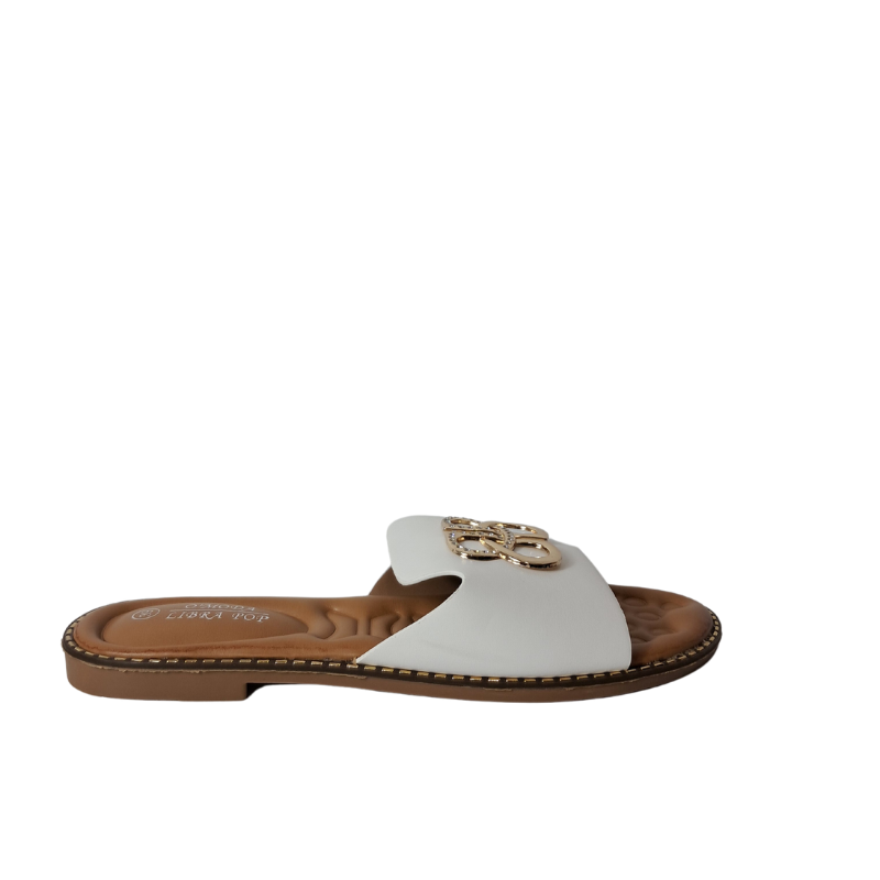 Side profile of women's open toe slip-on flat sandal in white, showcasing the flat design and easy slip-on style for London fashion.
