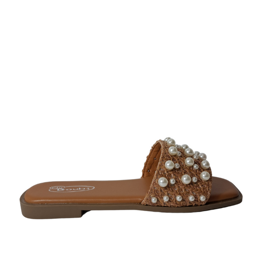 Right side view of women's open toe pearl studded slip-on slider sandals in tan, a comfortable and chic choice for London life from DeepsLondon.