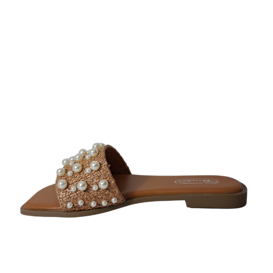 Side profile of women's open toe pearl studded slip-on slider sandals in tan, showcasing the easy slip-on design and pearl detailing for London fashion.