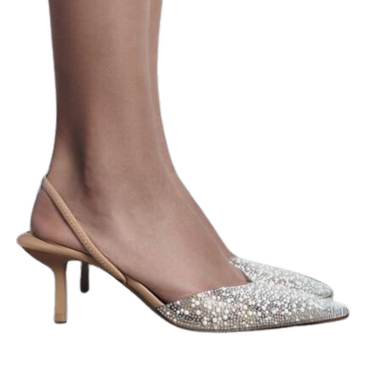 Front view of women's nude pointed toe slingback court shoes with pearl, diamante, and rhinestone embellishments, an elegant choice for London occasions.