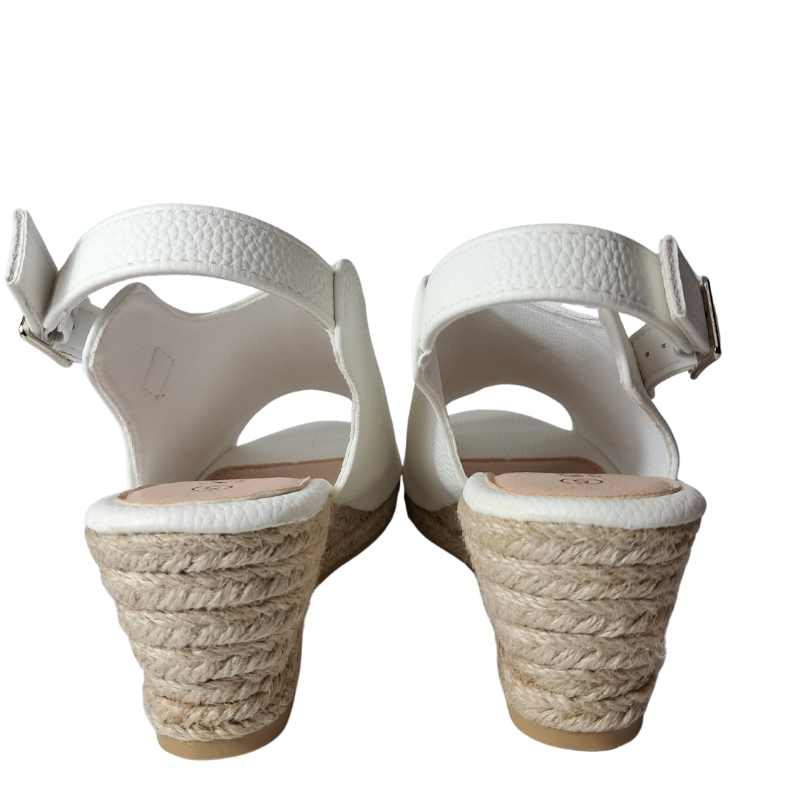 Back Side profile of women's wedge heel peep toe sandal in white raffia styles, highlighting the comfortable wedge heel and peep toe detail, London footwear from DeepsLondon.