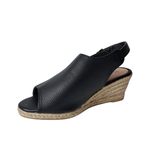 Front view of women's wedge heel peep toe sandal in black raffia styles, showcasing the unique texture and stylish design, London summer fashion from DeepsLondon.