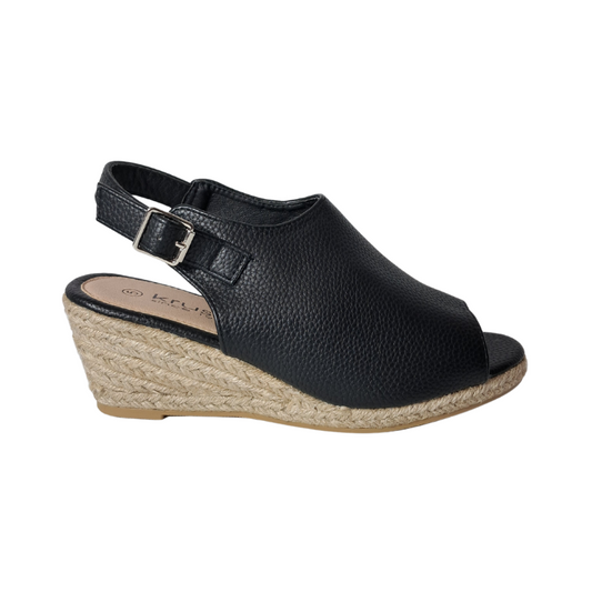 Side profile of women's wedge heel peep toe sandal in black raffia styles, highlighting the comfortable wedge heel and peep toe detail, London footwear from DeepsLondon.