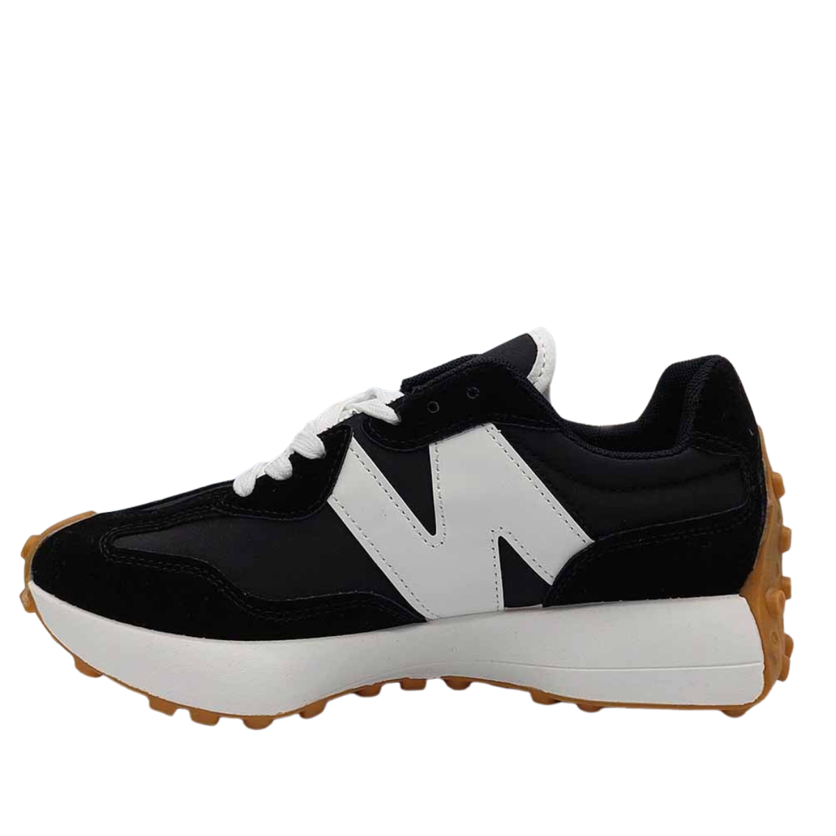 Side profile of black and white women's retro fashion trainer with a white 'N' logo and gum sole trainer shoes.