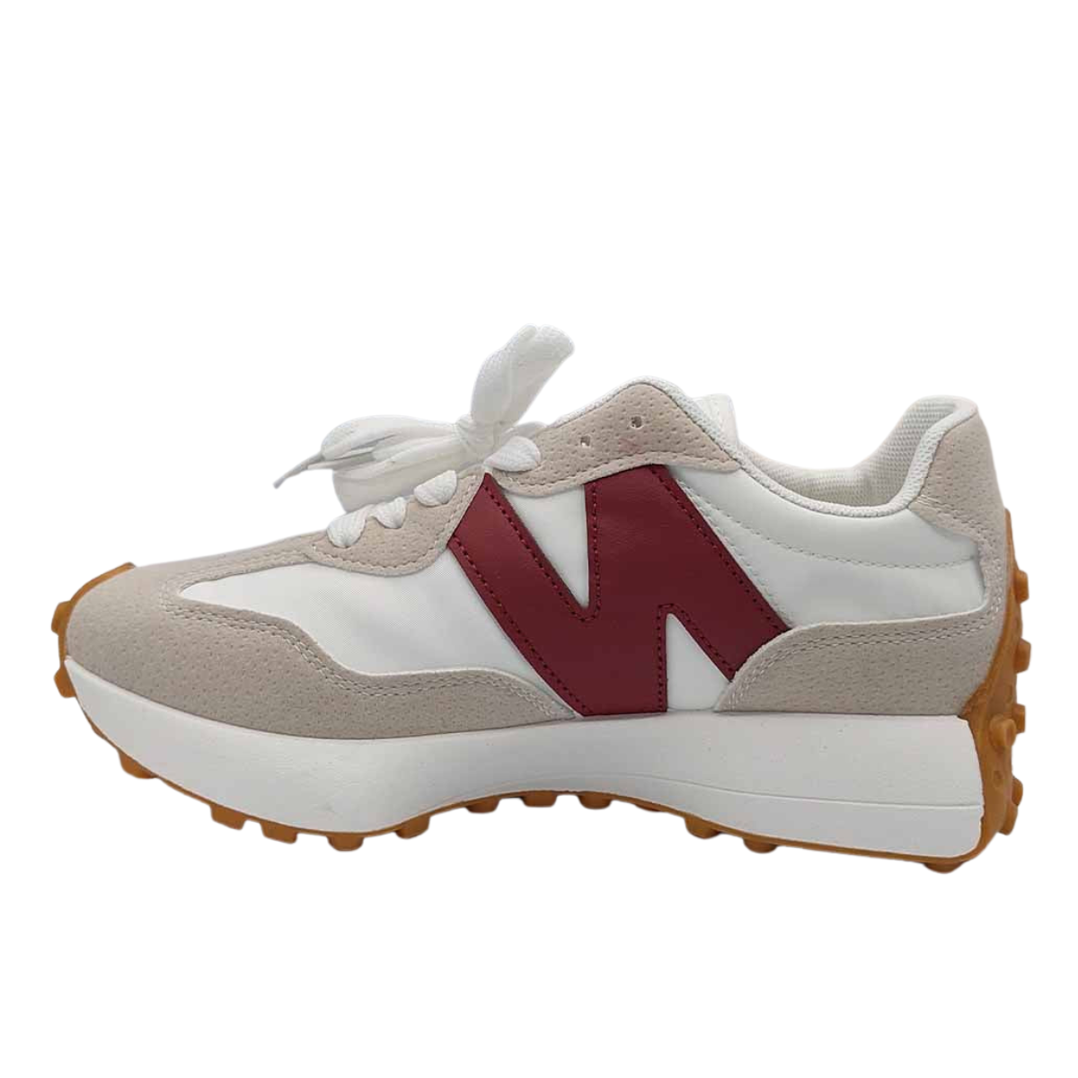 White and beige and burgundy women's retro fashion trainer with a burgundy 'N' logo and gum sole, a stylish sneaker available at DeepsLondon.