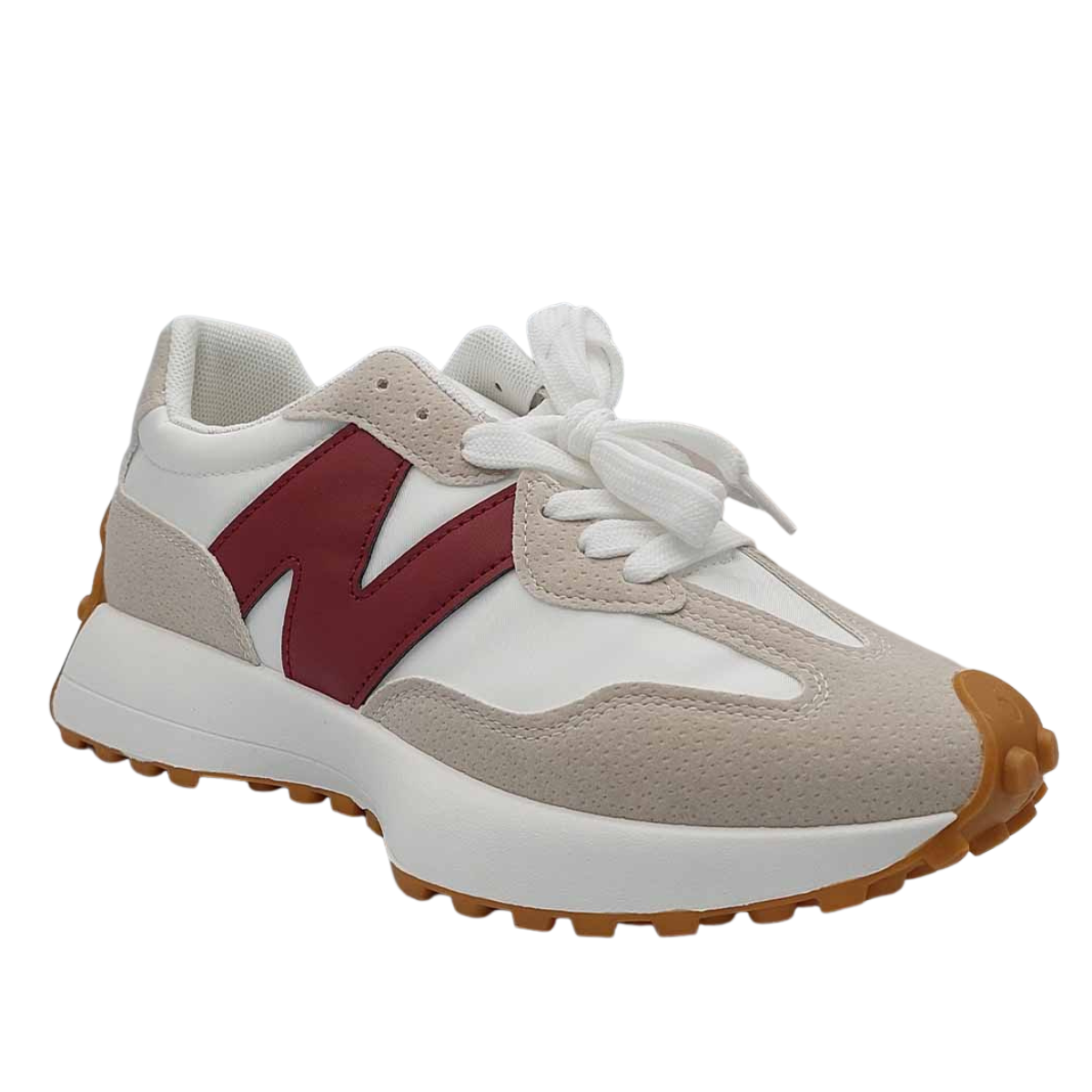 Side profile of white and beige women's retro fashion trainer with a burgundy 'N' logo and gum sole