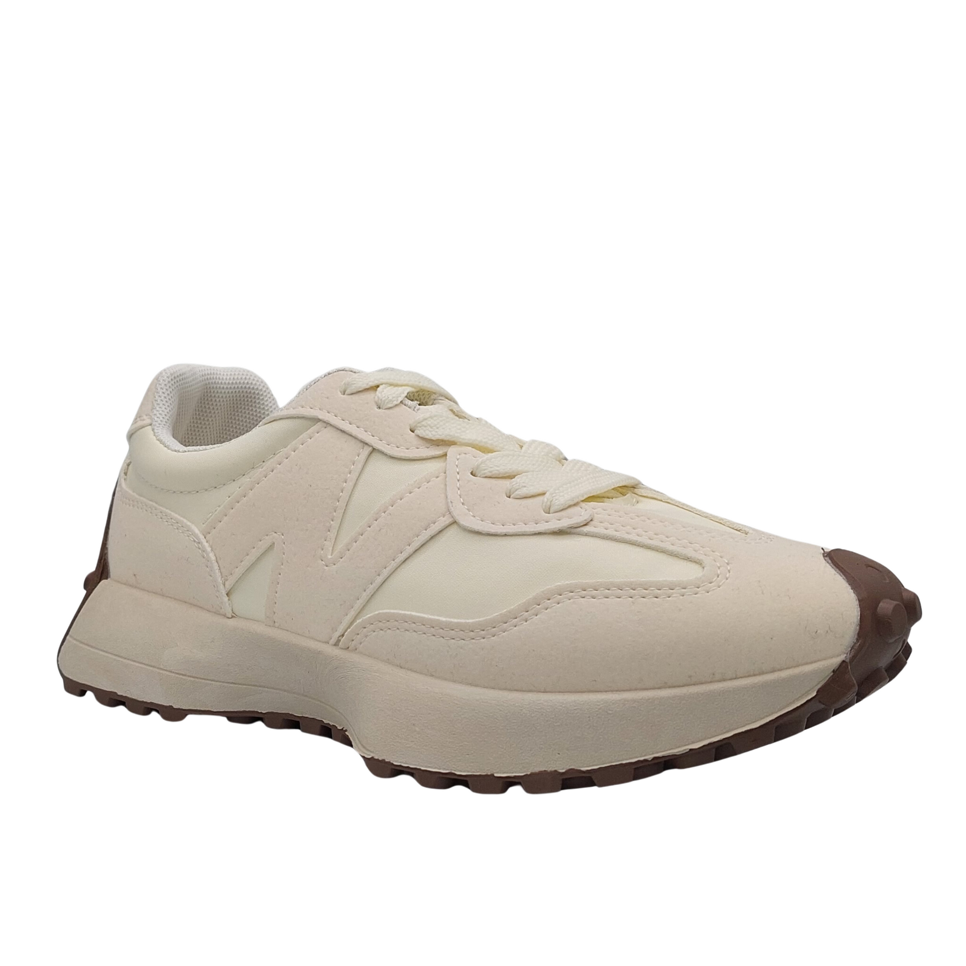 White and beige women's retro fashion trainer with a beige 'N' logo and gum sole, a stylish sneaker available at DeepsLondon.