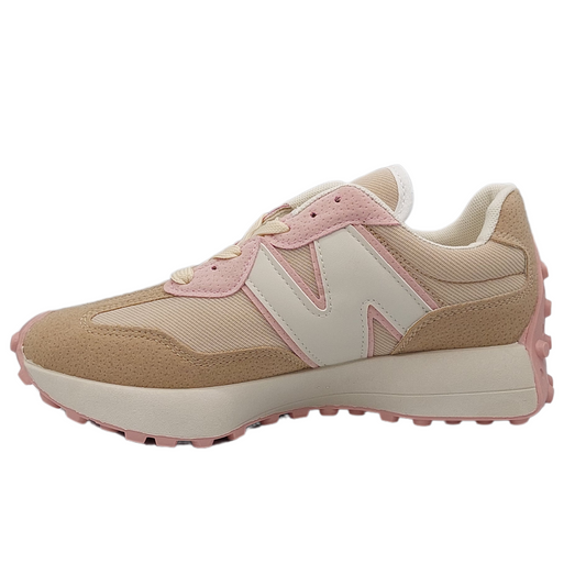 Side profile of white and pink women's retro fashion trainer and gum sole, a stylish sneaker available at DeepsLondon.