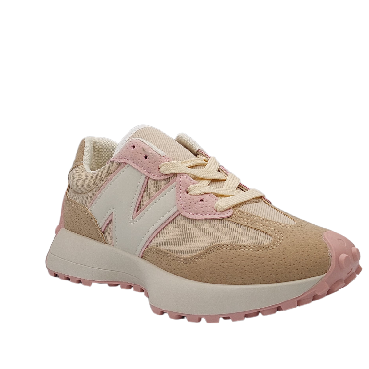 Side profile of white and pink women's retro fashion trainer with a 'N' logo and gum sole, a stylish sneaker 