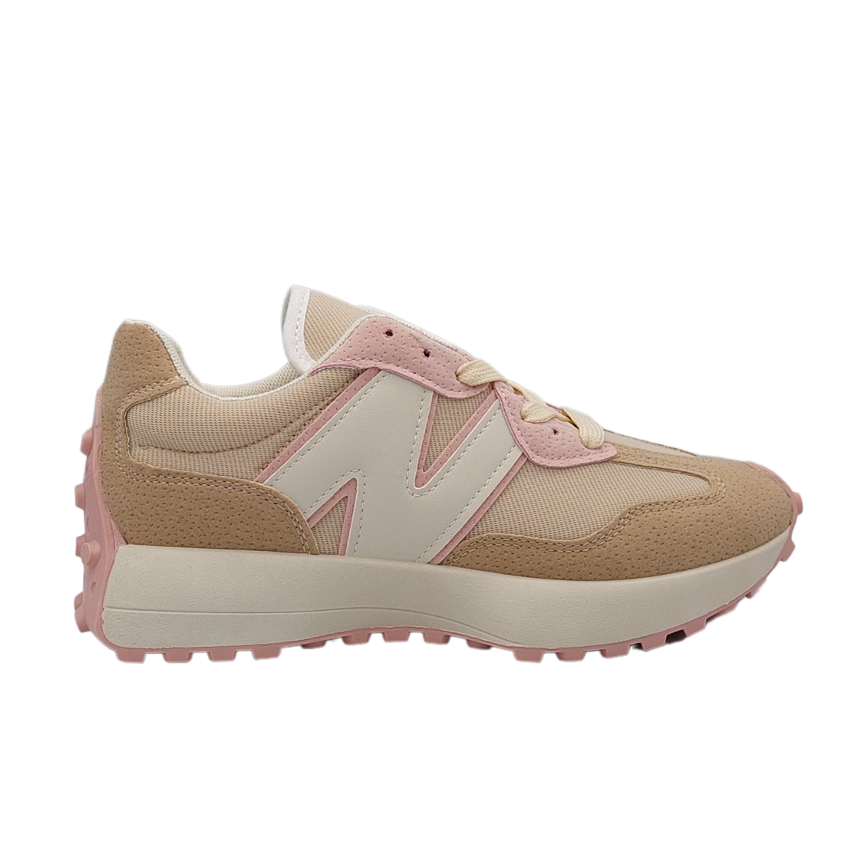 White and pink women's retro fashion trainer gum sole, a stylish sneaker available at DeepsLondon.