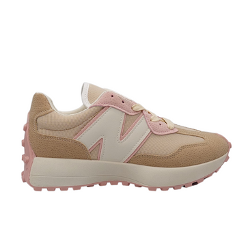 White and pink women's retro fashion trainer gum sole, a stylish sneaker available at DeepsLondon.