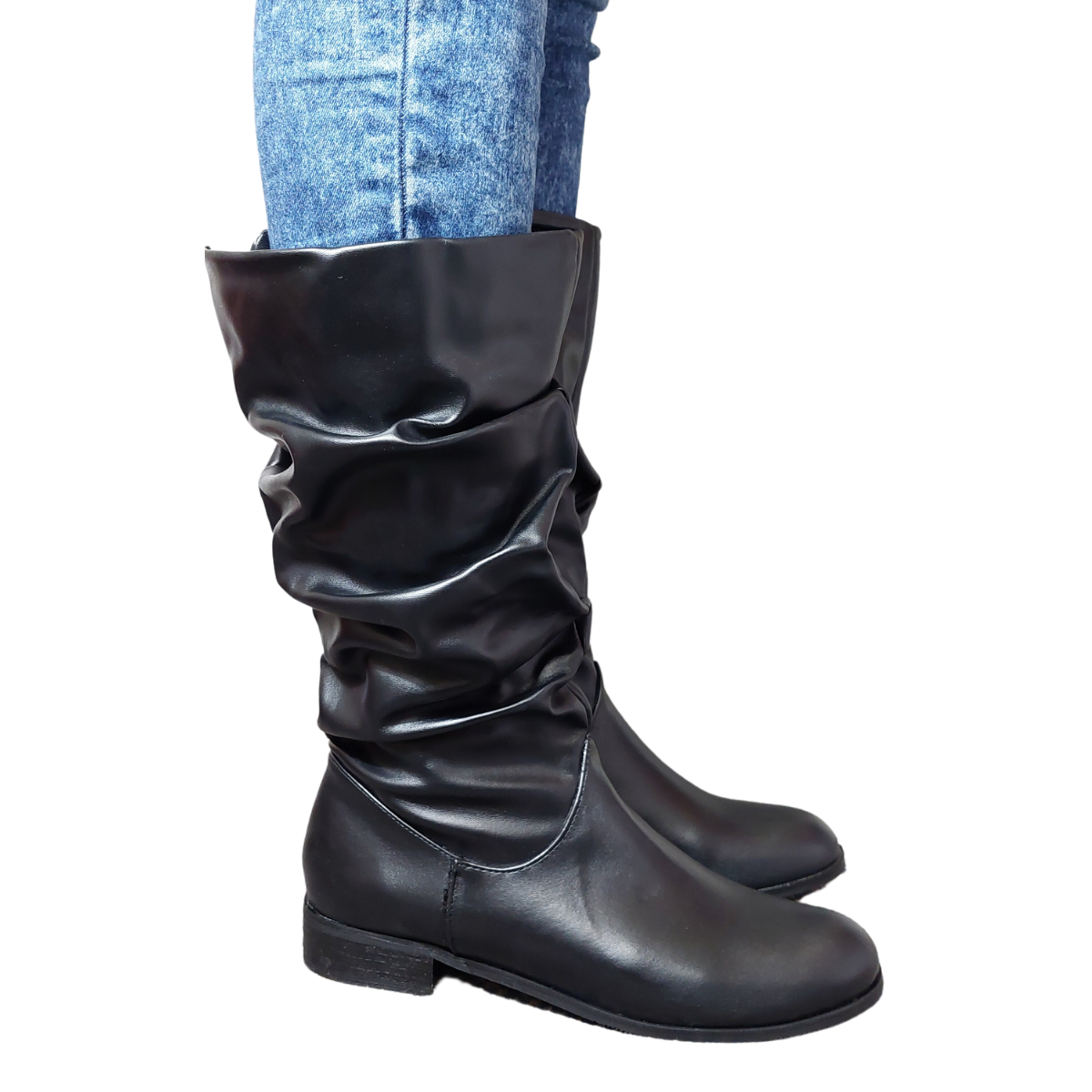 Close-up of the ruched texture and the full-length side zip on women's black PU knee high boots, highlighting their fashionable features in London.