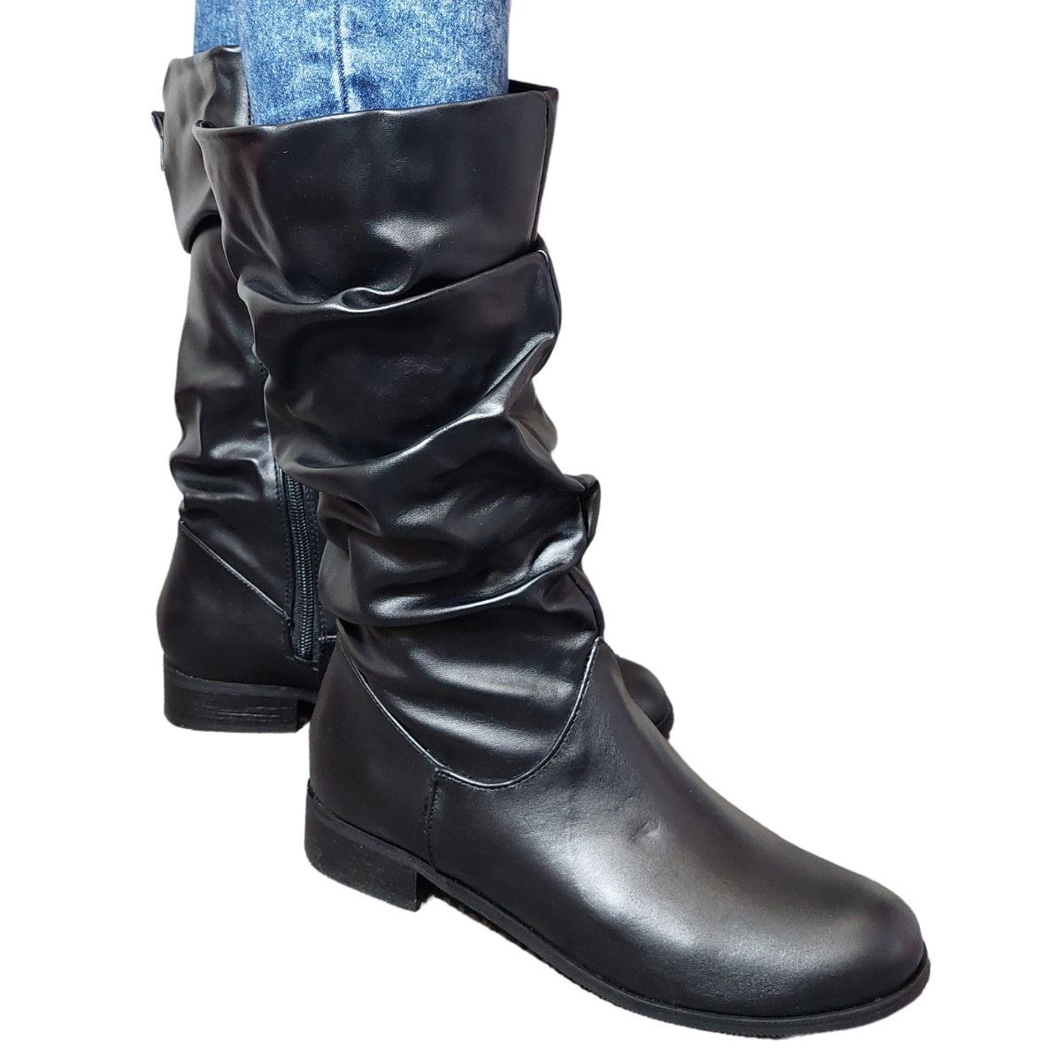 Front view of women's black PU ruched knee high boots with a full-length side zip, a stylish choice for London.