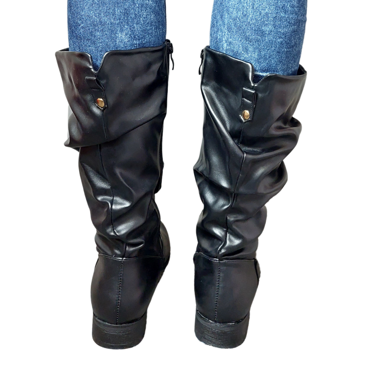 Back Side profile of women's black PU ruched knee high boots, showcasing the ruched detailing and side zip fastening, perfect for London fashion.
