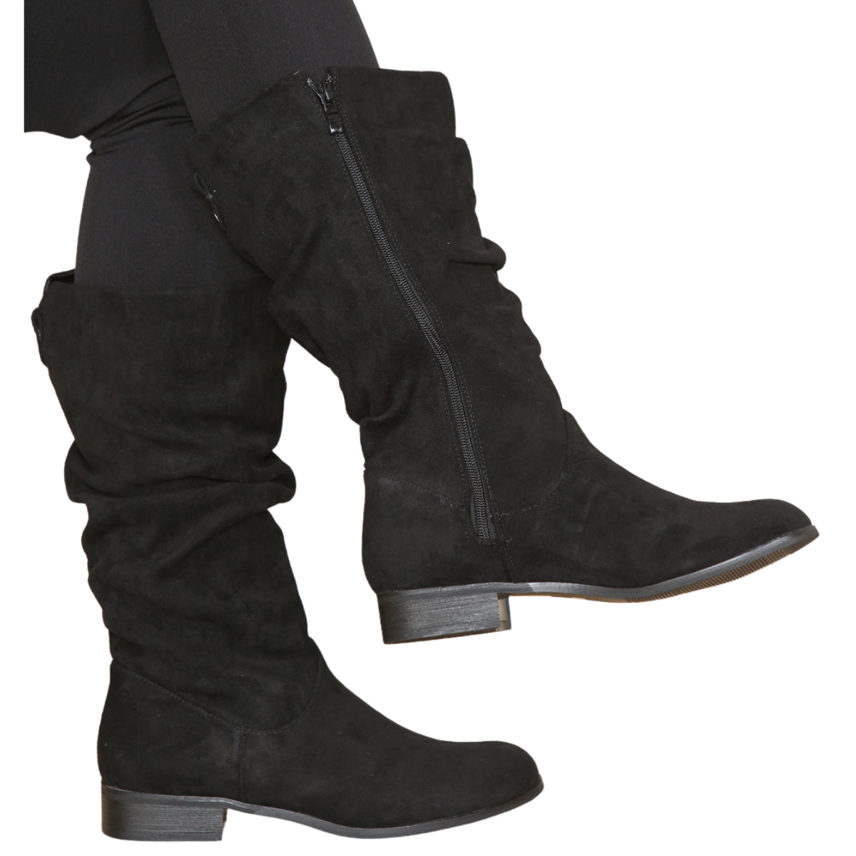 Front view of women's black suede ruched knee high boots with a full-length side zip, a luxurious choice for London.